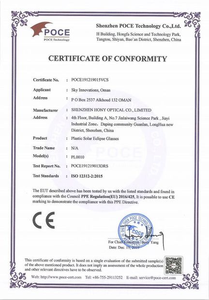 La Chine Shenzhen HONY Optical Co., Limited certifications